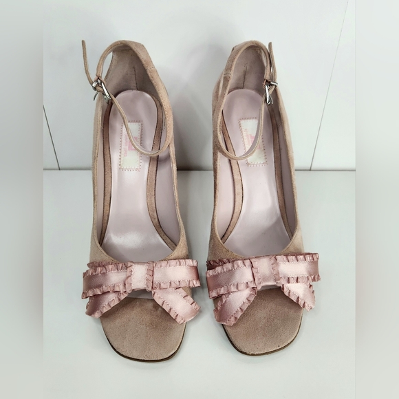 JLo Dusty Pink Suede Wedge Heels Bow Ankle Strap - Picture 3 of 7